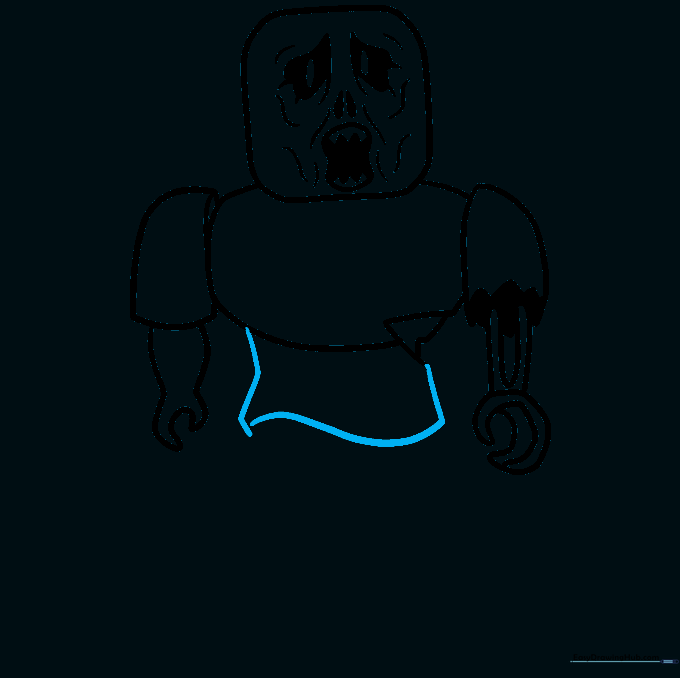 Outlining the waist and midsection of the zombie using straight and curved lines.