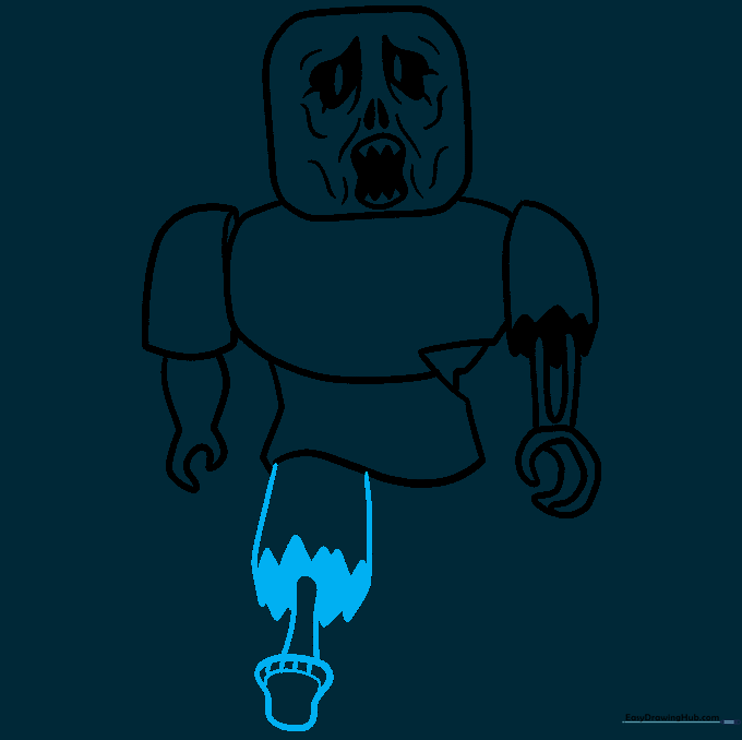 Drawing the first leg with jagged pant details and a simple foot shape.