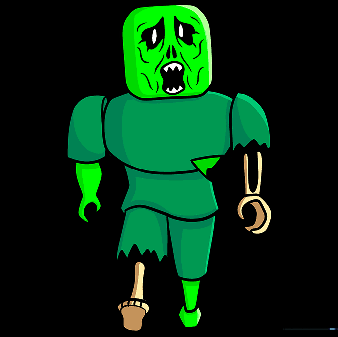 The completed Roblox zombie drawing, fully colored with green skin and bone-colored accents.