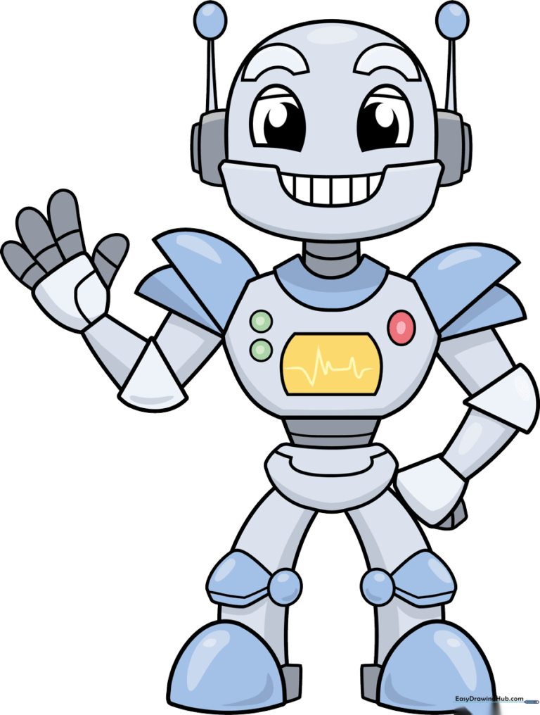 A friendly, colorful cartoon robot standing with arms out, ready for a drawing lesson.