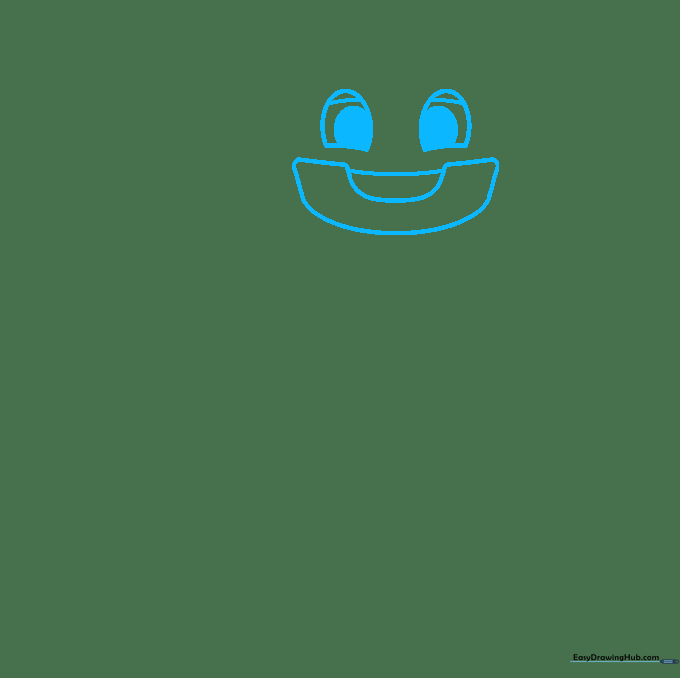 Close-up sketch of a robot's face showing two oval eyes with pupils and a wide U-shaped mouth.
