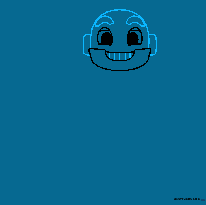Drawing the robot's head outline, adding rectangular ears and arched eyebrows.
