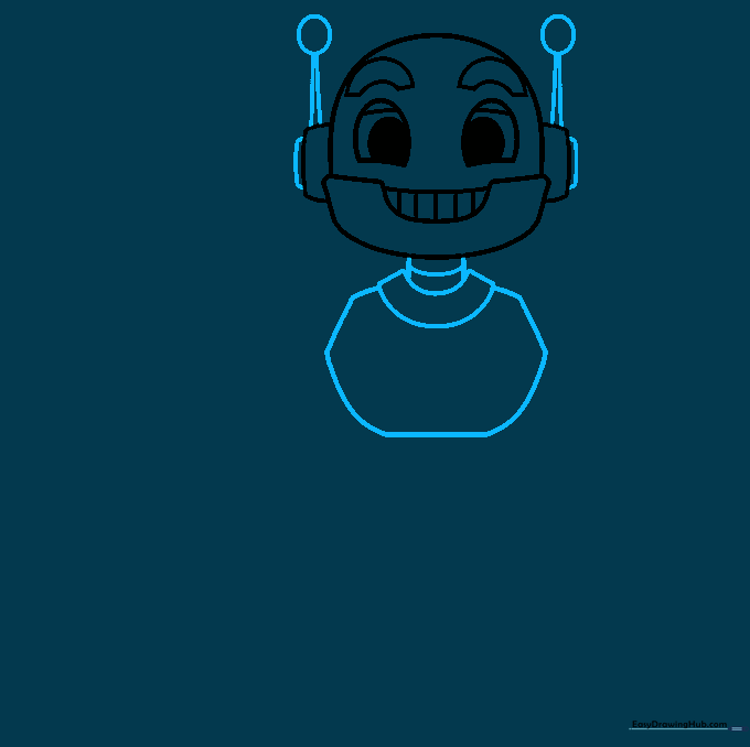 Adding two antennae to the robot's head and starting the outline of the torso.