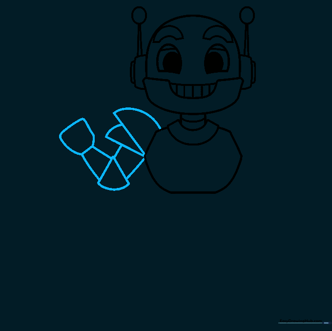Sketching the robot's first arm using geometric shapes for the shoulder, elbow, and hand.