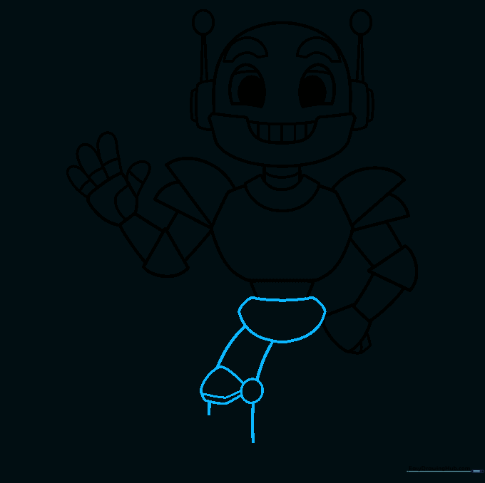 Sketching the robot's legs with circles for knees and curved lines for the shins.
