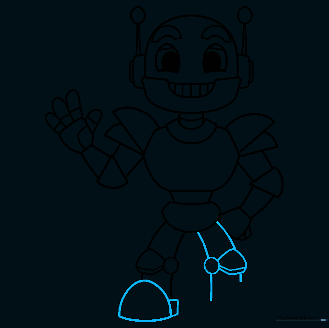 Adding feet to the robot's legs using half-circles and rectangles.