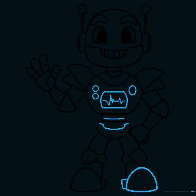 Finalizing the robot's torso with buttons, dials, and a zigzag control panel detail.