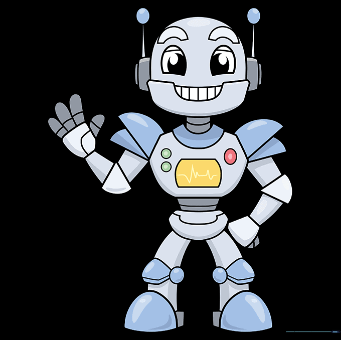 The finished, colored robot drawing with metallic highlights.