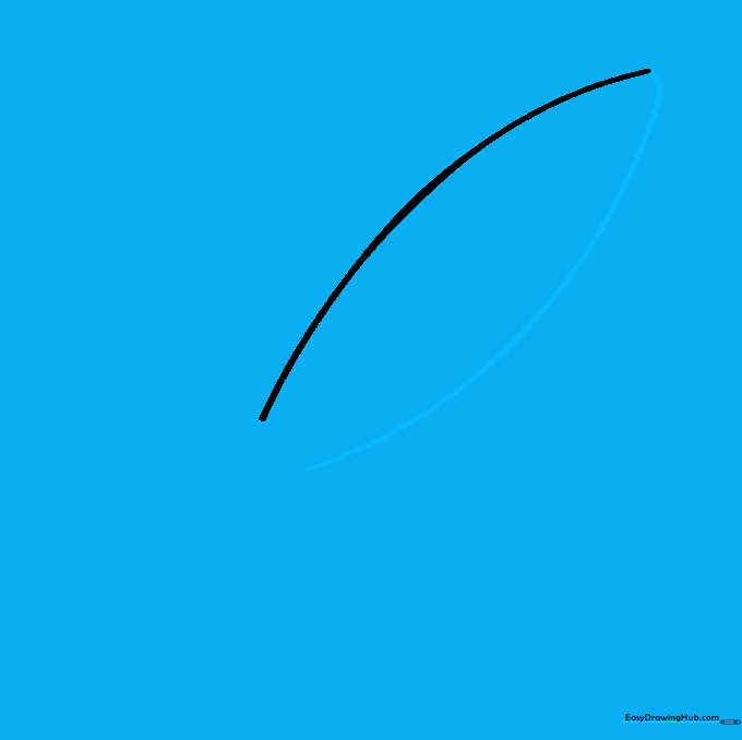 Two mirrored curved lines forming the main body of a rocket ship.