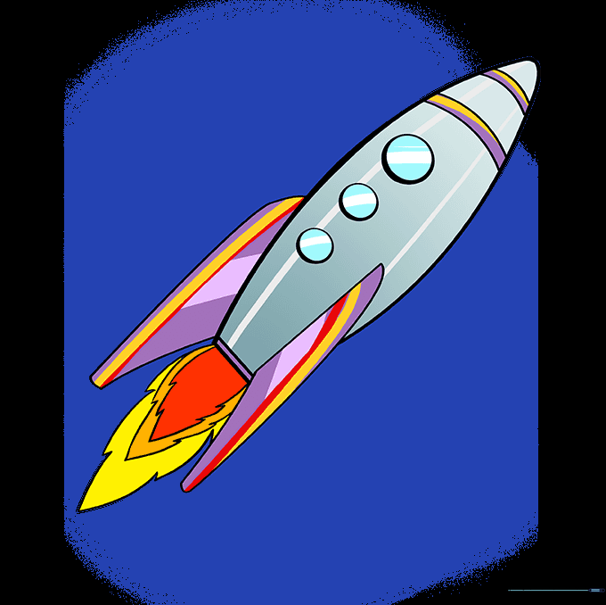 A fully colored rocket ship with vibrant exhaust flames.