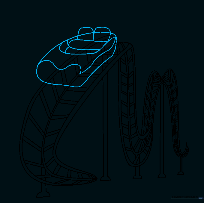 Drawing showing the outline of a roller coaster car placed on the track.