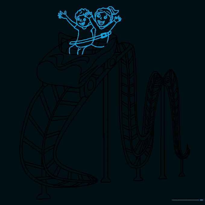 Drawing showing two cartoon children riding in the roller coaster car.