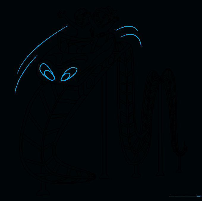 Drawing showing the addition of headlights and motion lines to the roller coaster car.