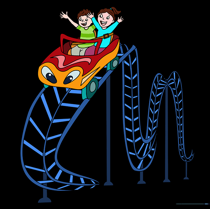 Final colored drawing of a cartoon roller coaster with passengers.
