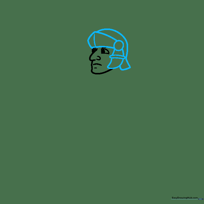 Detailed outline of a Roman helmet being drawn over the soldier's head.