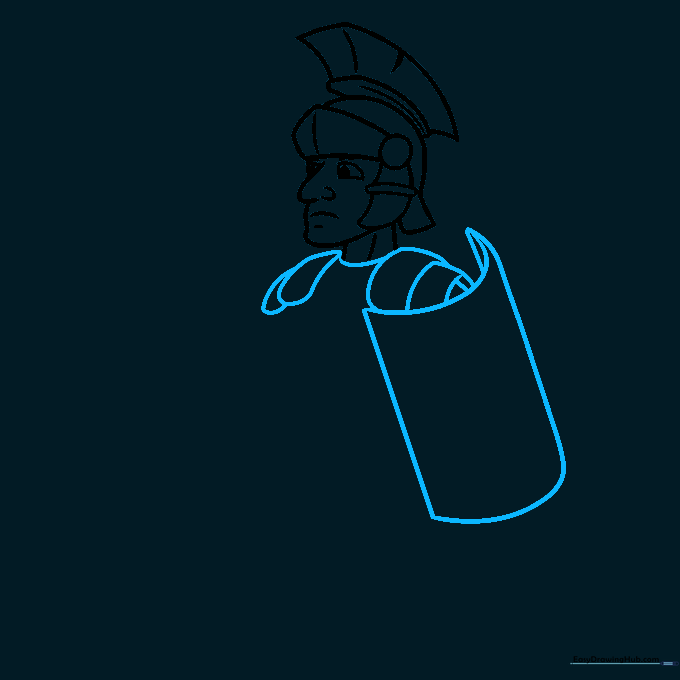 Sketching the shoulder armor and the large rectangular Roman shield.