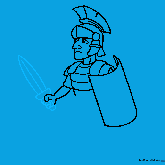 Detailing the hand gripping the hilt and the blade of the Roman sword.