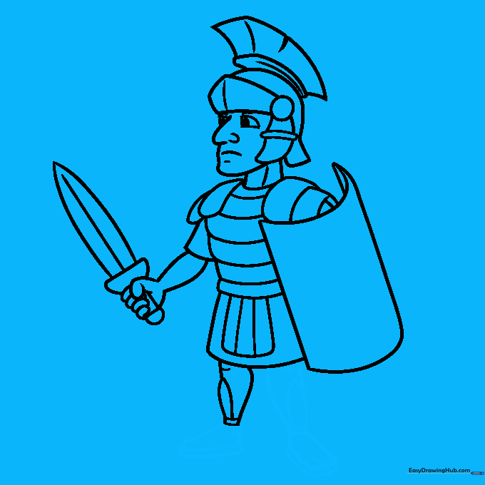 Sketching the legs and the strapped Roman sandals.
