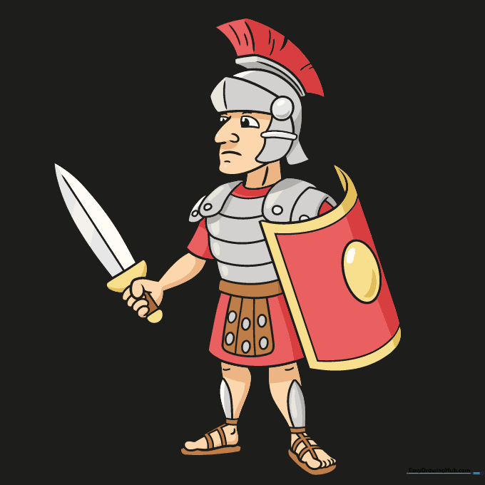 A fully colored Roman soldier drawing with red crest and metallic armor.