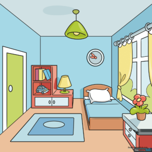 Colorful illustration of a cozy bedroom for kids