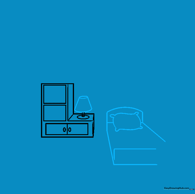 Adding a bed frame and a lamp to the bedroom sketch