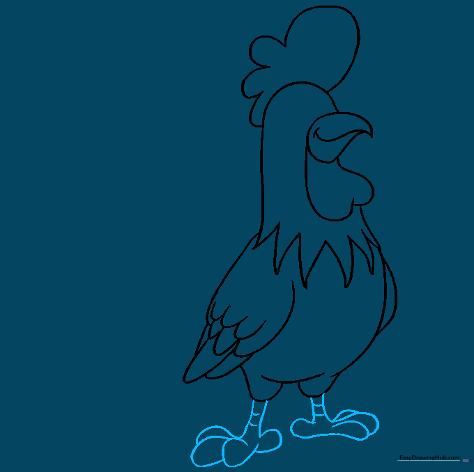 Adding detailed legs and three-toed feet to the bottom of the rooster's body.