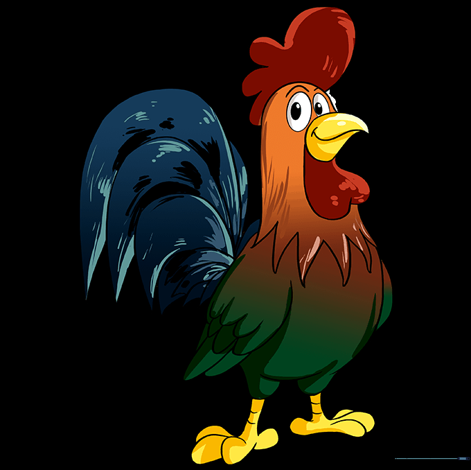 A fully colored, vibrant cartoon rooster drawing.