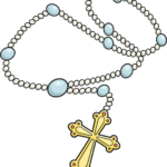 A beautifully colored, finished drawing of a traditional rosary.