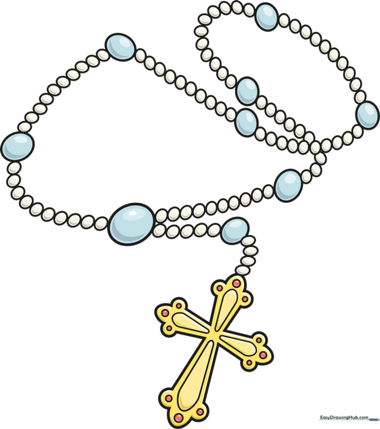 A beautifully colored, finished drawing of a traditional rosary.