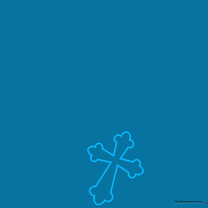 Pencil sketch showing the initial outline of a crucifix with curved arms.