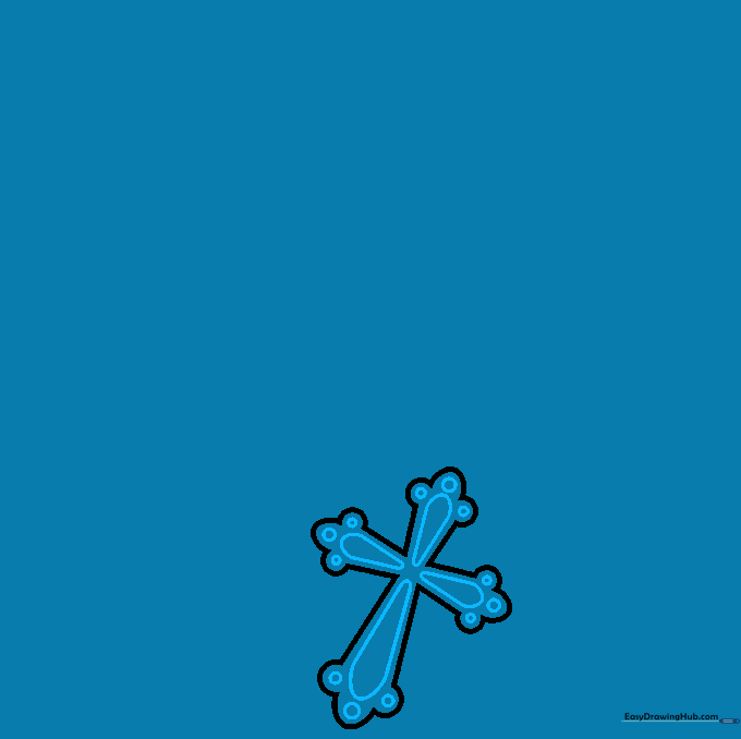 Detailed crucifix outline with teardrop accents and circular tips.