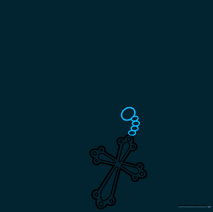 Drawing the first few beads of a rosary chain starting from the crucifix.