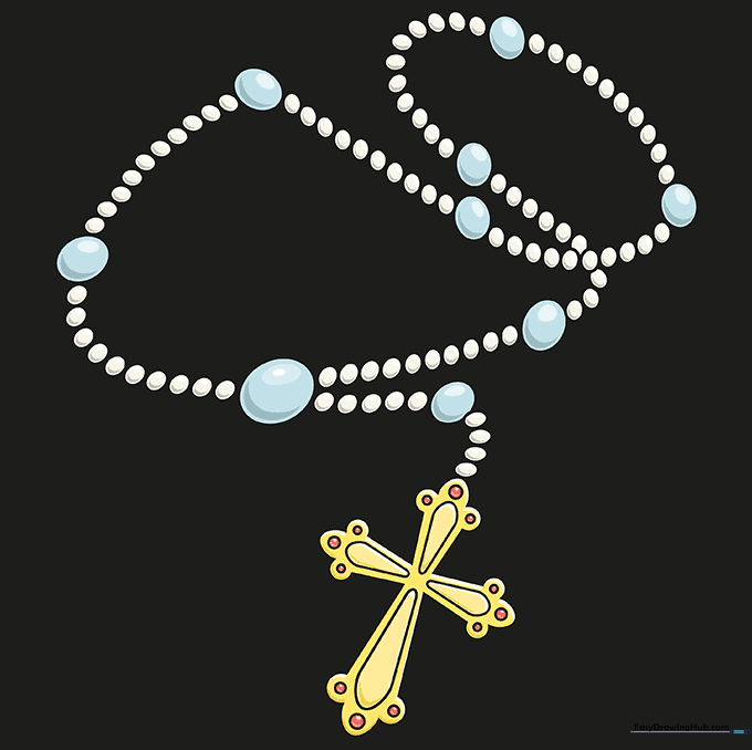 Finished, colored drawing of a rosary with shiny bead highlights.