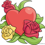 A colorful, finished illustration of a heart decorated with roses and green leaves.
