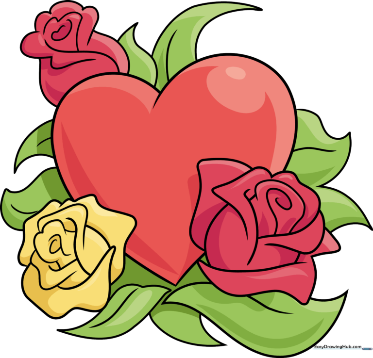 A colorful, finished illustration of a heart decorated with roses and green leaves.