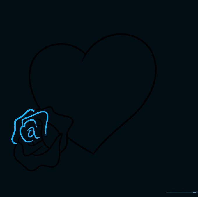 Completed outline of the first rose blossom resting on the heart shape.