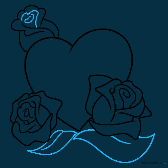 Drawing large leaves with central veins at the base of the heart.