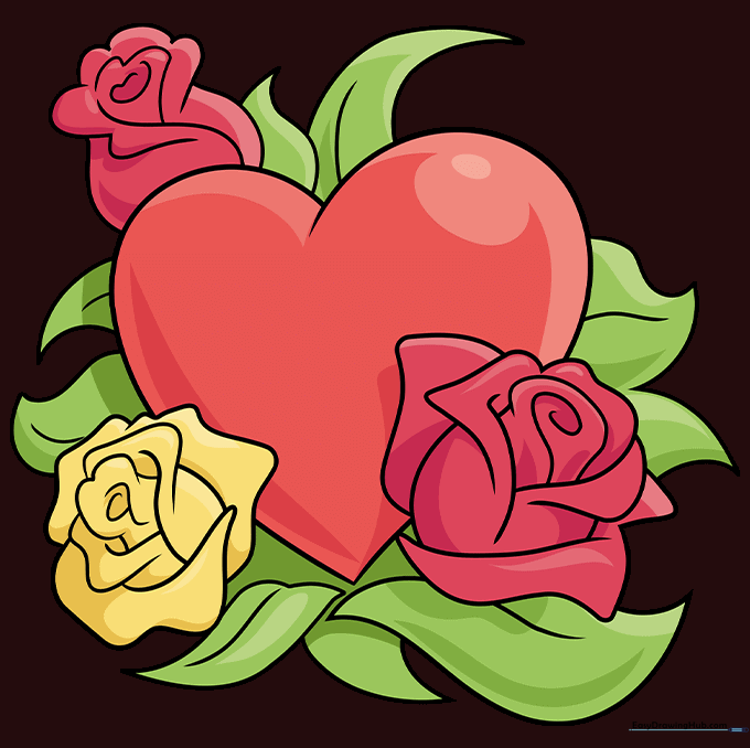 Finished drawing of a heart and roses fully colored in red and green.