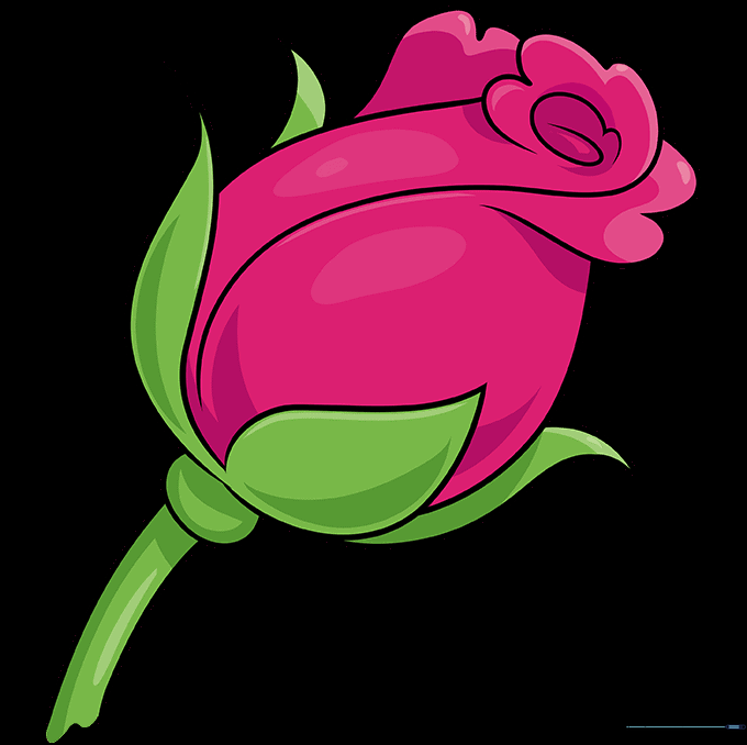 A fully colored, vibrant rose bud drawing with green stem and red petals.