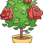 A colorful, finished drawing of a potted rose bush, perfect for beginners.