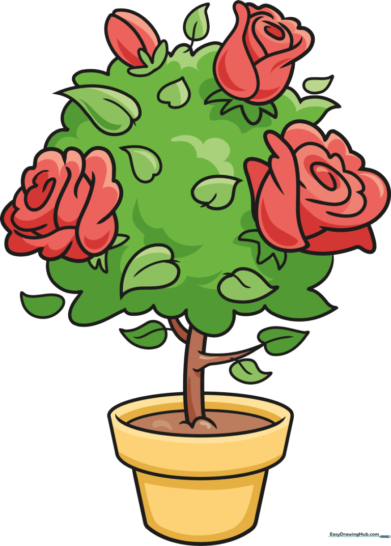 A colorful, finished drawing of a potted rose bush, perfect for beginners.