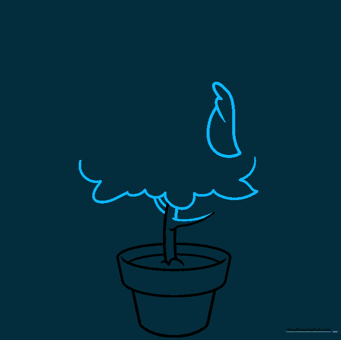 Drawing the leafy outline of a bush with a single petal shape emerging.