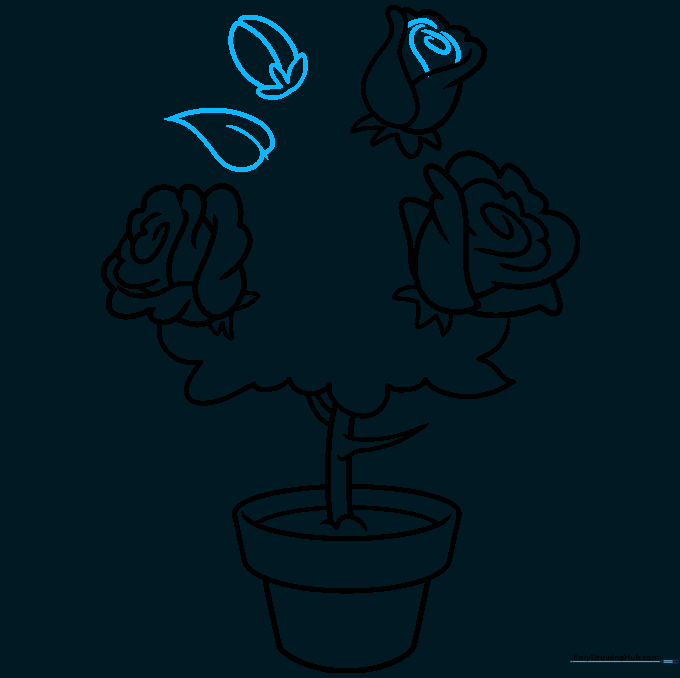 Adding a detailed leaf with a central vein to the rose bush.