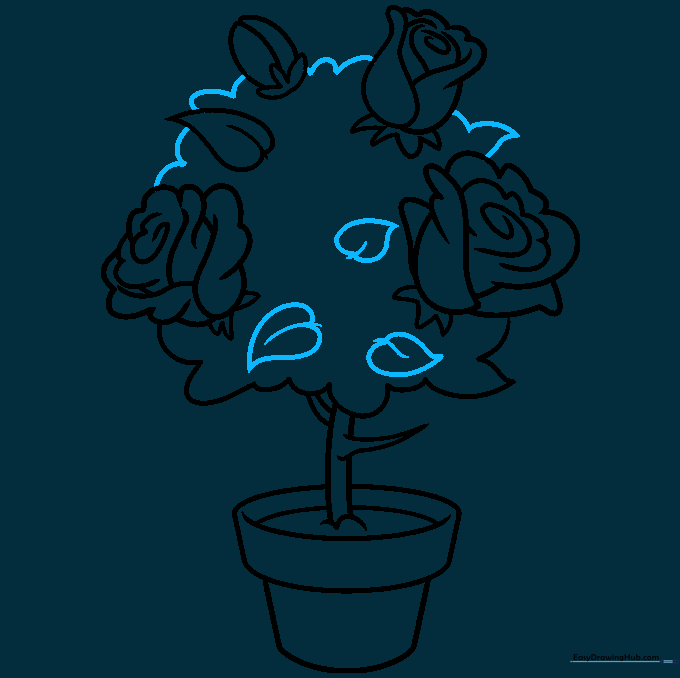 Adding more leaves to fill out the shape of the rose bush.