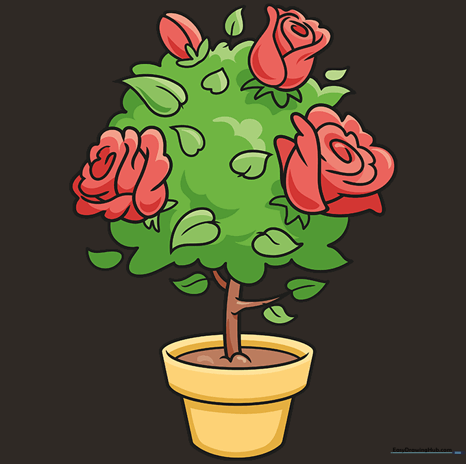 The completed, colored-in cartoon rose bush in a pot.