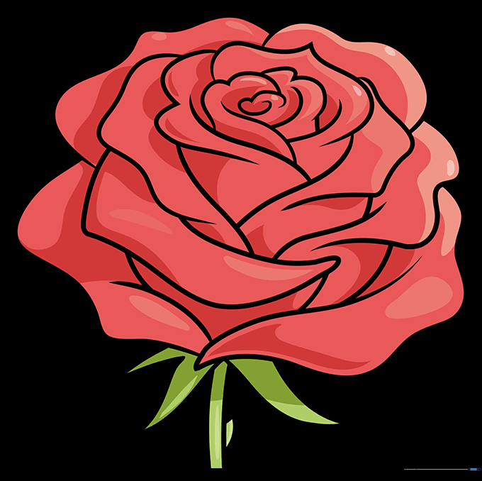 Finished, colored drawing of a realistic red rose.