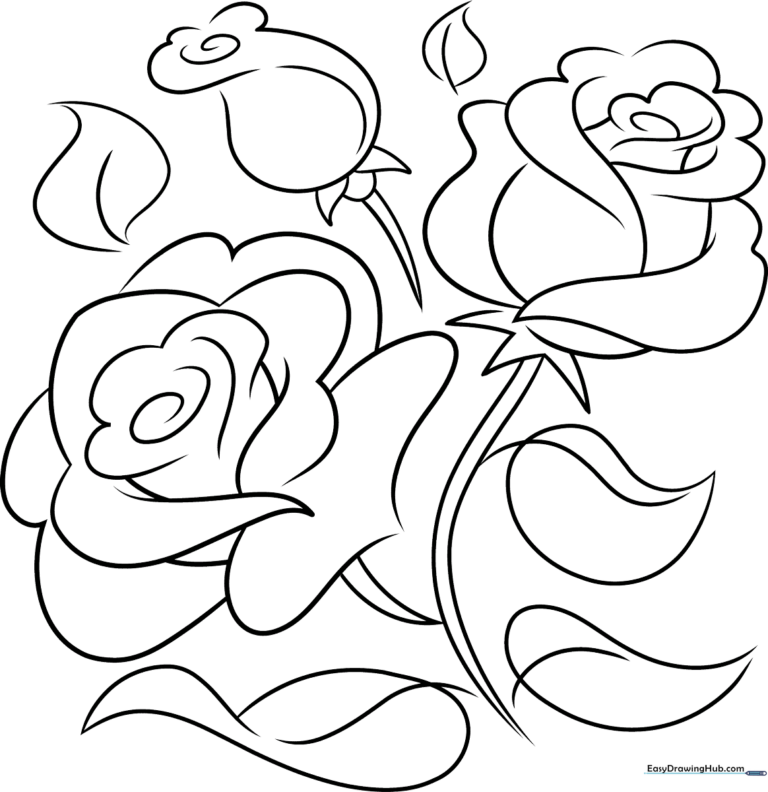 A vibrant, finished rose outline drawing, showcasing multiple blooms and leaves.