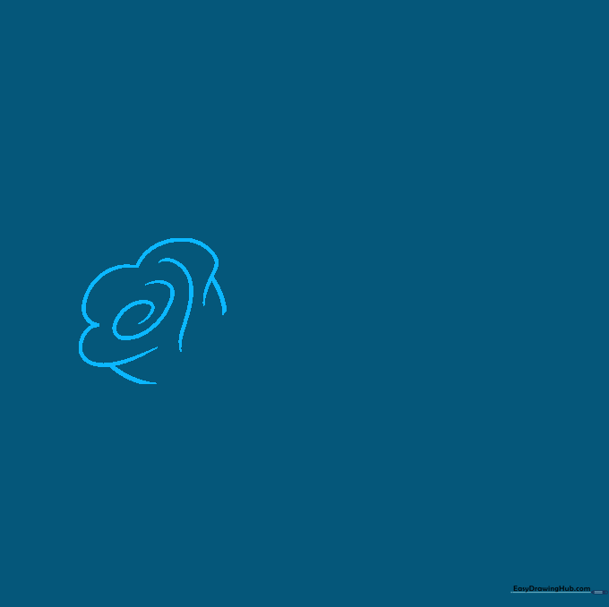 Close-up of a pencil-sketched rosebud center with a spiral and surrounding petal curves.