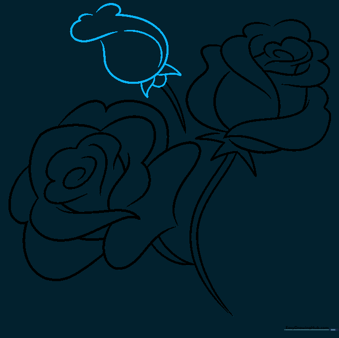 Drawing a small, closed rosebud attached to a stem with a half-circle connector.
