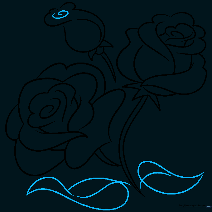 Adding leaves with teardrop shapes and central veins to the rose stems.